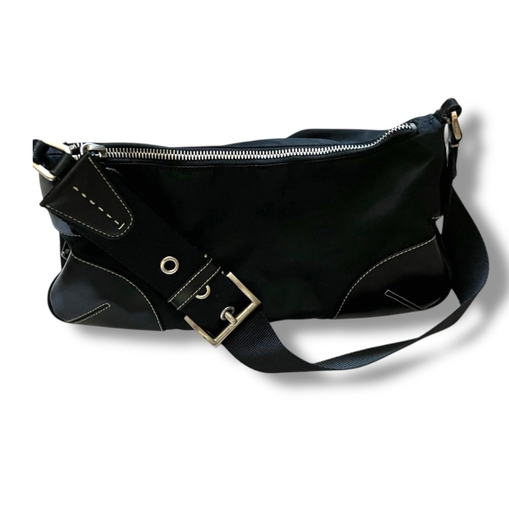 Auth Prada nylon Tessuto & leather Black shoulder Bag with Silver triangle Logo